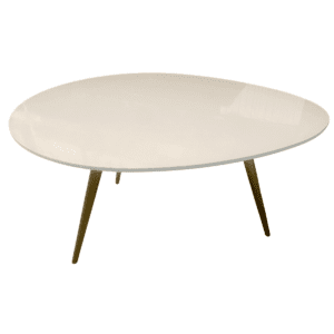 Egg shape table with white top and dark legs