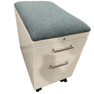 Allsteel White Mobile Box, File Pedestal W/ blue Cushion Topper