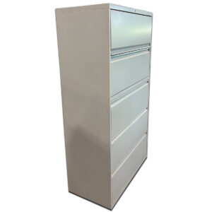 Used 36″W Metal 5-Drawer Lateral File - White Heavy-duty lateral file in white metal finish with five drawers for secure and organized document storage. White Paint Five full drawers  Metal Locking Dimensions: 36″W x 18″D x 64″H Ideal for offices, records rooms, or shared work environments.