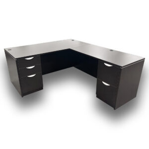 Used 72" W Espresso Laminated L-Shape Desk with BBF & FF Pedestal RH This L-shape desk provides ample workspace with integrated storage, including a box-box-file and file-file pedestal for organization. Right-hand orientation Box-box-file and file-file pedestal for storage Spacious work surface Dimensions: Desk: 72"W x 36"D x 29"H Return: 48"W x 24"D x 29"H Ideal for offices and workstations requiring efficient storage and functionality.