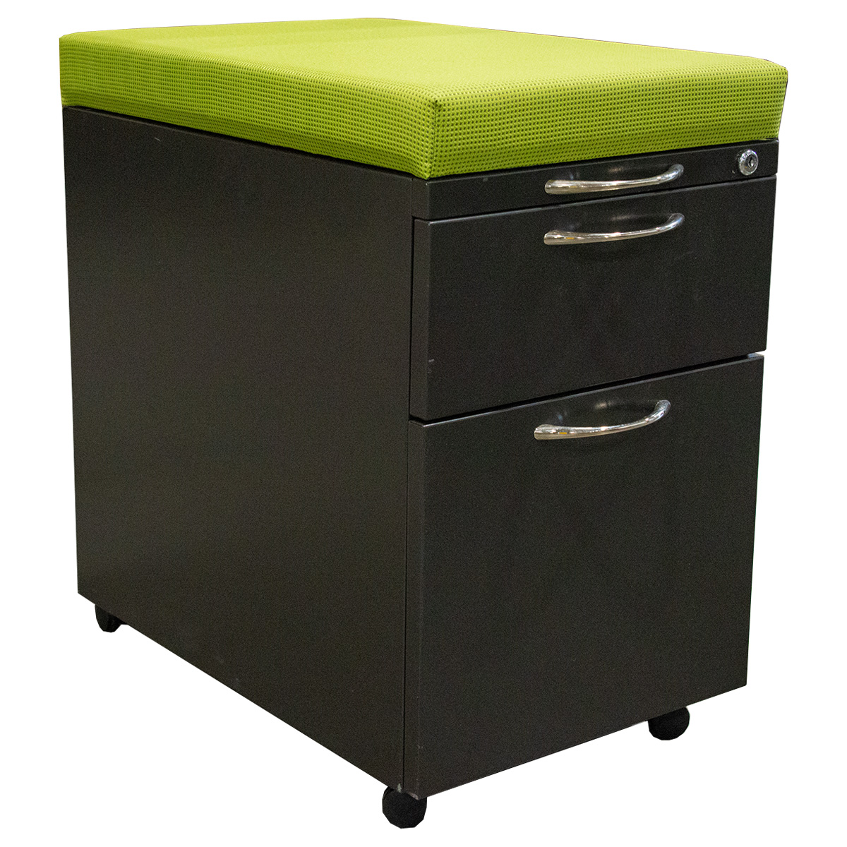 Introducing the AIS Dark Grey Mobile Pedestal with Green Cushion Topper, a versatile and space-efficient storage solution for any modern workspace. With dimensions of 15"W x 22.5"D x 23.5"H, this pedestal offers ample room for documents and supplies while its mobile design ensures easy access and mobility. The addition of a vibrant green cushion topper adds comfort and style, making it perfect for impromptu seating or as a footrest. Upgrade your office with this sleek and functional pedestal.