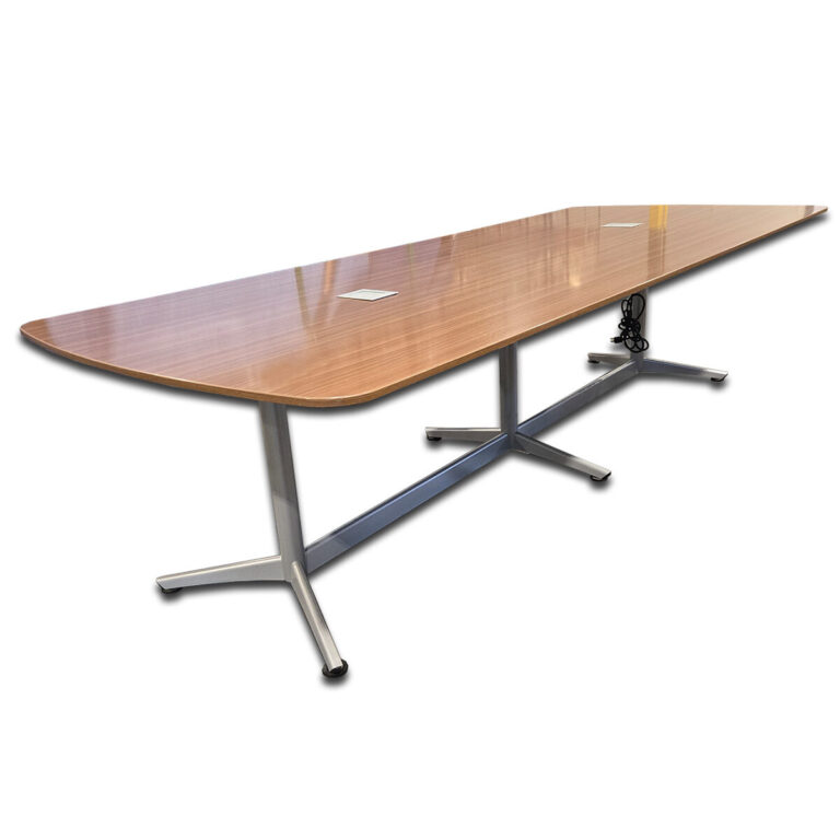 Used 10' Rectangular Conference Table With Power - Light Walnut This 10-foot conference table provides generous workspace with two power boxes for large meetings and collaborative sessions, combining a clean wood finish with a sturdy metal base. Seats up to ten people comfortably Integrated power grommets for connectivity and charging Polished metal base ensures stability and modern appeal Easy-to-clean laminate surface suitable for daily use Dimensions: 120"W x 48"D x 30"H Perfect for conference rooms, executive offices, and team collaboration areas.
