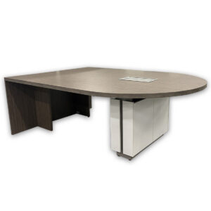 Used 84" W Global Zira Conference Table W/ Power - Grey & White This used Global Zira half conference table is designed for collaborative meetings, training rooms, and conference environments. The integrated power module provides convenient access to connectivity and power for laptops and devices during meetings. Its half-round design can be used independently or paired with another table to create a larger conference setup. Integrated power and data access module Half-round conference top for collaborative seating Commercial-grade construction suitable for office environments Dimensions: 84" W x 60" D x 30" H Recommended Use: Commercial conference rooms, meeting spaces, training rooms, and collaborative work areas.