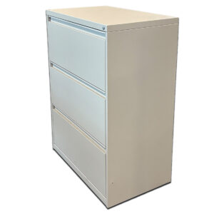 Used 30" W White Metal 3-Drawer Lateral File  Practical metal lateral file in white finish with three drawers for organized storage. Three smooth-glide drawers Sturdy metal construction in white finish Locking Dimensions: 30″W x 18″D x 40″H Ideal for private offices, shared work areas, or records storage.