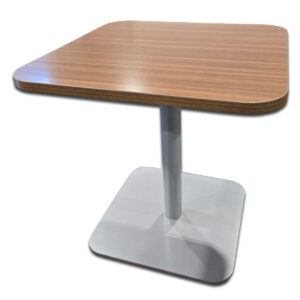 Used 30" W National Medium Walnut Square Table - Silver Finished Base  This compact square table features a medium walnut wood-grain laminate top and a sturdy silver base, offering a reliable surface for breakrooms, cafés, or collaborative areas at an affordable price. Medium Walnut-grain laminate top Rounded-corner design Heavy silver base for stability Dimensions: 30" W x 30" D x 29" H Perfect for small meeting areas, cafés, and office breakrooms.