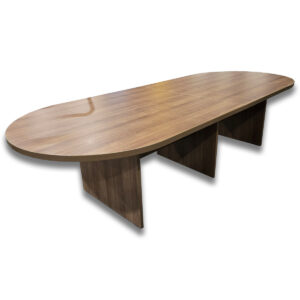 Used 118″ W Walnut Racetrack Conference Table  This racetrack conference table featuring a rich walnut laminated finish is ideal for professional meeting rooms, boardrooms, or collaborative office spaces. Laminated walnut  Racetrack shape Dimensions: 118″ width × 47″ depth × 29″ height Perfect for corporate environments, educational institutions, or professional spaces.
