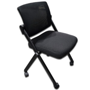 Used Uline Black Mesh Nesting Chair This black mesh nesting chair offers a space-saving design perfect for training rooms, classrooms, and collaborative workspaces. Mesh back for breathability and comfort Padded upholstered seat with 2.5" thick cushion Flip-up seat nests for compact storage 2" dual-wheel casters for easy mobility Powder-coated steel frame for strength