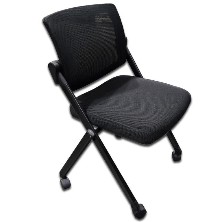 Used Uline Black Mesh Nesting Chair  This black mesh nesting chair offers a space-saving design perfect for training rooms, classrooms, and collaborative workspaces. Mesh back for breathability and comfort Padded upholstered seat with 2.5" thick cushion Flip-up seat nests for compact storage 2" dual-wheel casters for easy mobility Powder-coated steel frame for strength