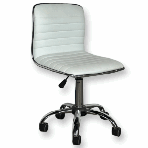 Used White Fabric & Chrome Armless Conference Chair This sleek armless conference chair features a modern white fabric seat enclosed with a polished chrome frame lining with adjustable seat height for personalized comfort. White upholstery Polished chrome frame Adjustable seat height Dimensions: 18.1/4"W x 16.1/2"D x 31.5/8"H Ideal for conference rooms, meeting areas, and private offices.