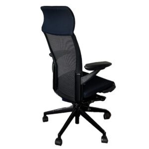 Gallery Used Haworth Black Mesh-Back Conference Chair W/ Integrated Headrest - Black/ Navy Upholstery