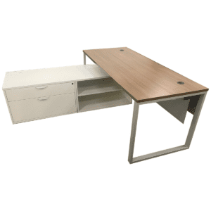 Clear Design Walnut Laminated L-shape Desk W/ White Storage Cabinet LH