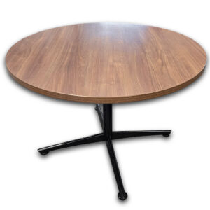 Used 42"W National Round Breakroom Table- Walnut \ Black Used National round breakroom table featuring a walnut laminate top and black "x" base. The larger surface provides additional seating capacity while maintaining an efficient footprint for employee lounges, cafés, and collaborative spaces.  42-inch round walnut laminate top Black "x" base Commercial-grade construction Dimensions: 42" Diameter x 29.5" H Perfect for breakrooms, cafés, employee lounges, and small meeting areas.