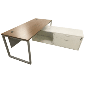 Clear Design Walnut Laminated L-shape Desk W/ White Storage Cabinet RH