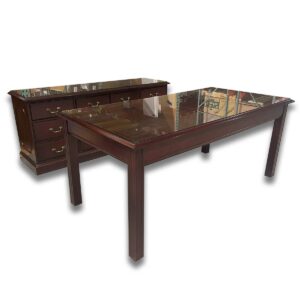 Used 72" W Paoli Traditional Mahogany Desk Set With Glass Tops – Includes Free-Standing Desk & Credenza This premium Paoli desk set features a mahogany finish with glass tops on both the desk and credenza, delivering an executive look. Built for performance and style, this setup is ideal for private offices or executive suites. Mahogany finish with glass surfaces Traditional Style Free-standing desk and matching credenza Dimensions: Desk: 72"W x 36"D x 30"H Credenza: 70"W x 21"D x 30"H Ideal for executive offices, private suites, and upscale workspaces.