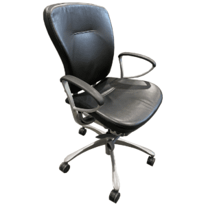Black Leather Conference Chair / Fixed Arm Silver Frame