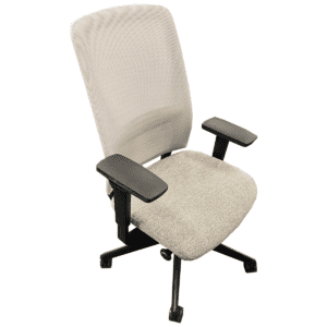 Mesh-Back Task Chair In Off-White Upholstery W/ Black Frame & Lumbar Featuring an off-white upholstery and a sleek black frame, this chair adds style to office environments. Equipped with adjustable directional arms, this chair offers customizable support to suit your preferred working posture. Whether you're typing, writing, or engaging in meetings, you can easily adjust the armrests to provide optimal comfort and support throughout the day. The mesh back promotes airflow, keeping you cool and comfortable during long hours of work, while the built-in lumbar support helps maintain proper spinal alignment to reduce fatigue and strain.