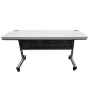 Used 60" W Uline Economy Training Table - Light Grey This lightweight, portable training table is ideal for classrooms, corporate training rooms, and multi-use areas needing quick setup and compact storage. Blow-molded plastic top for easy cleaning and durability Flip-top design folds up 90° for nesting and storage efficiency Two built-in grommets for cable management Powder-coated steel frame provides lasting stability 2" locking swivel casters for easy mobility and secure positioning Dimensions: 60"W x 24"D x 29"H Perfect for training rooms, seminar spaces, and flexible classroom environments.