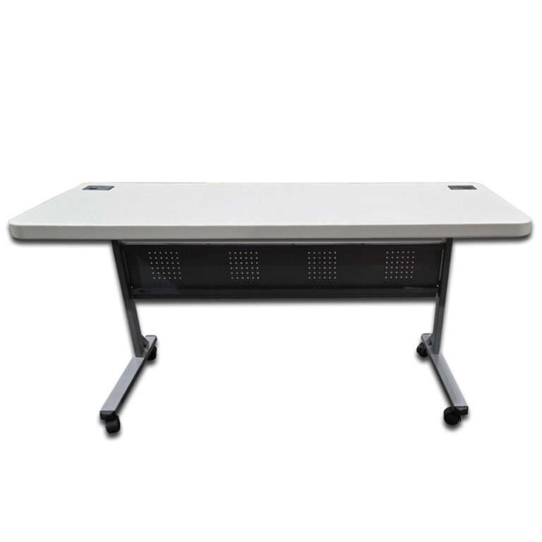 Used 60" W Uline Economy Training Table - Light Grey This lightweight, portable training table is ideal for classrooms, corporate training rooms, and multi-use areas needing quick setup and compact storage. Blow-molded plastic top for easy cleaning and durability Flip-top design folds up 90° for nesting and storage efficiency Two built-in grommets for cable management Powder-coated steel frame provides lasting stability 2" locking swivel casters for easy mobility and secure positioning Dimensions: 60"W x 24"D x 29"H Perfect for training rooms, seminar spaces, and flexible classroom environments.