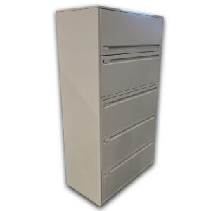 Used 36"W Haworth 5 Drawer Lateral File Used Haworth 5 drawer lateral file cabinet designed for high-capacity document storage. The lateral drawers provide easy access to letter and legal-size files while helping maximize floor space in office environments. Five full-width lateral file drawers Locking storage system Steel construction Supports letter and legal filing systems Dimensions: 36" W × 18" D × 62.5" H Ideal for offices, administrative areas, records storage, and document management applications.