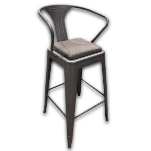Used Varidesk Bar Stool W/ Removable Cushion - Grey  Used Varidesk bar stool featuring an industrial-style frame, wraparound backrest, and removable padded seat cushion for added comfort. Its elevated seating height makes it a great fit for standing tables, break rooms, cafés, and collaborative workspaces. Removable padded seat cushion Grey Frame Integrated footrest for added comfort Dimensions: 21.5" W × 19" D × 43" H This used bar stool is mainly for commercial use and is ideal for break rooms, collaborative workspaces, cafés, and standing-height tables.