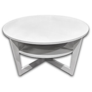Used 35.5" Round Coffee Table - White Used round white coffee table featuring a clean laminate top, sturdy cross-leg base, and integrated lower storage shelf. Its compact footprint makes it a practical centerpiece for reception areas, lounges, waiting rooms, and collaborative spaces. Durable white laminate top Open lower shelf for magazines or décor Sturdy cross-leg support base Dimensions: 35.5" Diameter × 18.5" H This used round coffee table is mainly for commercial use and is ideal for reception areas, lounges, waiting rooms, and collaborative office environments.