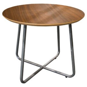 Designed for commercial settings, the Used Cielo 22" Round Table in Walnut with a polished aluminum base delivers both style and durability. Its sleek design and compact size make it ideal for offices, conference rooms, or reception areas. Features: Material: Walnut Laminated Woodgrain tabletop paired with a sturdy polished aluminum base. Shape: Round, optimizing space efficiency in commercial environments. Height: 18 inches, providing a versatile surface for various purposes. Perfect for conference rooms, waiting areas, or office lounges, this table combines practicality with contemporary style, enhancing any commercial setting