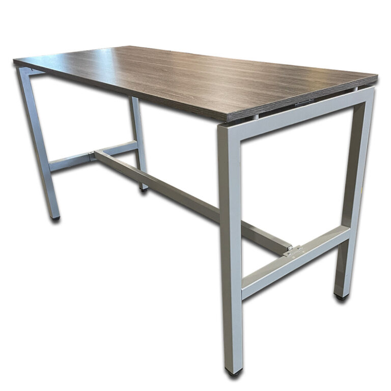 Used 72' W Grey Woodgrain Collaboration Table  This collaboration-height table offers a durable surface and open design ideal for standing meetings, project spaces, or break areas. Its clean, modern lines complement a variety of work environments. Rectangular high-top design for collaborative work Durable laminate surface with grey woodgrain finish Sturdy metal frame in silver powder-coated finish Integrated crossbar for added stability Dimensions: 72"W x 30"D x 41"H Perfect for offices, huddle areas, and shared spaces needing a sturdy meeting surface.