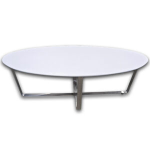 Used 49" W National Oval Coffee Table W/ Metal Base - White Used National oval shaped coffee table featuring a white laminate top and metal base. The low-profile design provides a convenient surface for lounge seating, reception areas, and collaborative spaces. Oval-shaped surface in white  Metal base Commercial-grade construction Dimensions: 49" W × 27" D × 16.5" H Perfect for reception areas, lounge spaces, waiting rooms, and collaborative environments.