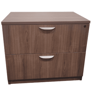 36" W Two Drawer Walnut Laminated Lateral File W/ Silver Pull Handles