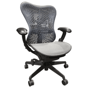 Used Herman Miller Mirra Chair Single Function W/ Blue Back & Grey Mesh Seat This ergonomic task chair combines a polyurethane blue back with a grey mesh seat, offering comfort and breathability for long work hours. It features fully adjustable controls to support proper posture throughout the day. Polyurethane Blue Back Grey Mesh Seat Dimensions: 29"W x 29"D x 39"H Ideal for commercial environments such as private offices, collaborative spaces and workstations. 