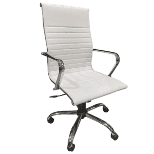 Used White High-Back Vinyl Conference Chair with Polished Metal Frame This high-back conference chair features white vinyl upholstery and a polished metal frame, offering both comfort and functionality in professional settings. High-back design  Fixed Arms White vinyl upholstery Polished metal frame  Dimensions: 29"W x 29"D x 39"H Perfect for commercial conference rooms, meeting spaces, and executive offices.