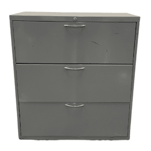 36" Grey Three Drawer Lateral File W/ Silver Pull Handles