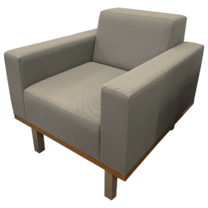 JSI Grey Upholstered Lounge Chair W/ Wood Trim Base & Chrome Legs