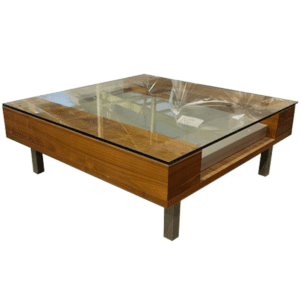 42" W Walnut Veneer Lobby Table W/Glass Top