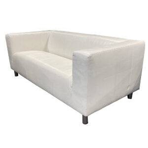 Used 69"W White Three Seat Vinyl Sofa This compact vinyl sofa offers a clean, modern seating option for reception areas, lounges, and collaborative spaces. Upholstered in white vinyl, it provides an easy to maintain surface with a structured profile that fits well in professional environments. White vinyl upholstery Fixed seat and back cushions Track arms with squared silhouette Raised metal legs for easy floor clearance Dimensions: 69" W x 34" D x 26" H Ideal for offices, waiting areas, reception spaces, and collaborative workspaces.