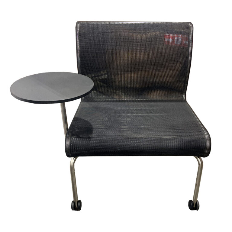 Used Mesh-Back & Seat Tablet Chair – Black This tablet chair is a practical solution for training rooms, classrooms, and collaborative spaces where flexibility and quick reconfiguration are important. Mesh back and seat for breathable, comfortable seating Integrated tablet arm for note-taking or laptop use Mobile base with casters for easy repositioning Compact footprint suitable for high-density seating layouts Dimensions: 30"D x 24"W x 32"H Ideal for training rooms, conference breakout areas, classrooms, and collaborative workspaces.