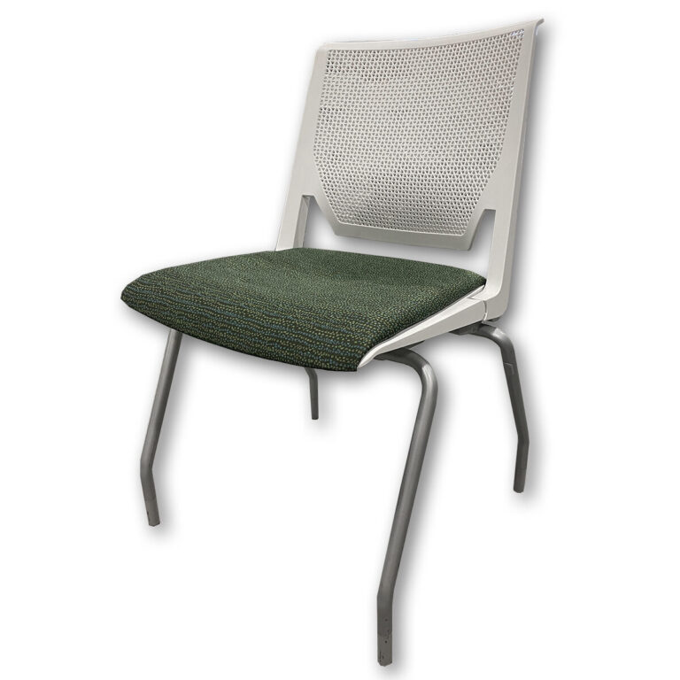 Used Haworth Very Stack Guest Chair White Frame - Green Upholstered Seat This Haworth Very guest chair provides a practical seating option for training rooms, conference areas, and collaborative spaces. The open back design and upholstered seat offer comfortable support while keeping the chair lightweight and easy to reposition. White polymer back with ventilated pattern Green upholstered seat cushion Stackable design for efficient storage Armless configuration for flexible layouts Silver metal legs Dimensions: 19"W x 18"D x 34"H Ideal for conference rooms, training spaces, classrooms, and collaborative work areas.