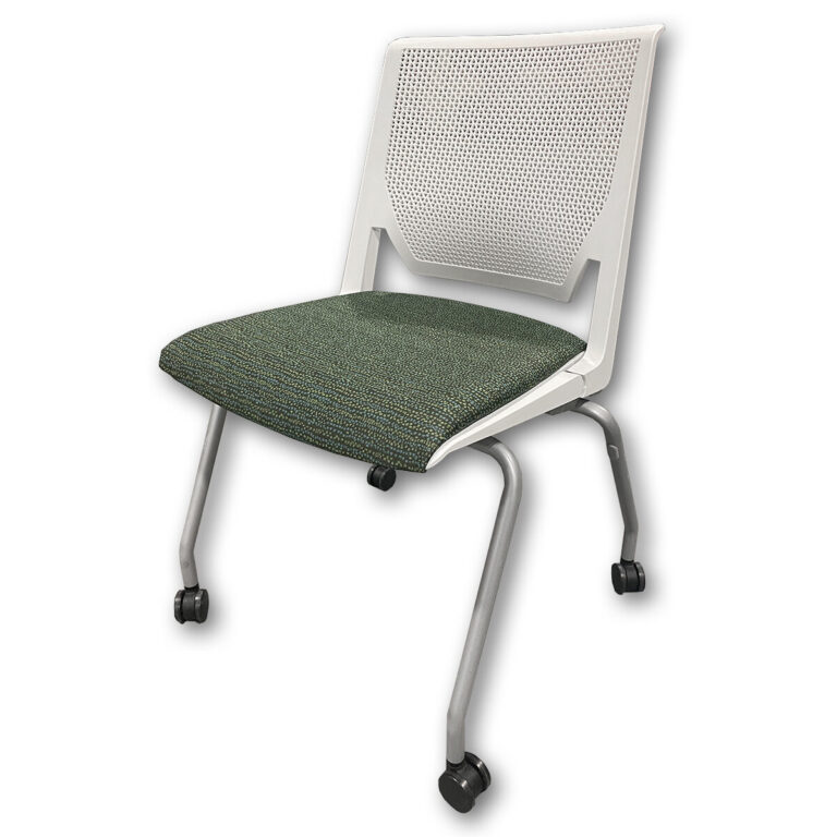 Used Haworth Very Mobile Stacking Chair White Frame - Green Upholstered Seat This used Haworth Very mobile stacking chair is designed for flexible meeting spaces, training rooms, and collaborative environments. The perforated white back provides airflow while the upholstered seat adds comfort for extended use. Smooth rolling casters allow for easy mobility, and the chairs stack neatly when not in use to minimize floor space. White perforated polymer back for ventilation Green upholstered seat  Mobile base with casters for easy movement Armless design allows efficient stacking Designed primarily for commercial use Dimensions: 25"W x 18"D x 36"H