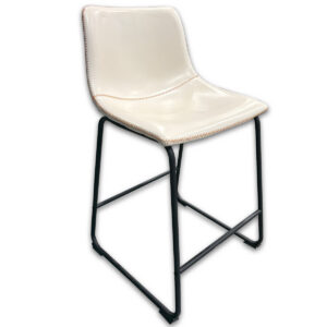 Used White Counter Stool W/ Black Legs - Orange Stitching Modern counter stool with molded upholstered seat and contrasting stitch detail designed for breakrooms, cafés, and collaborative spaces. White upholstered seat and back Decorative orange contrast stitching Black metal sled base Integrated footrest support  Curved molded seat design Dimensions: 18.5"W x 15"D x 35.5"H Perfect for cafés, collaborative areas, breakrooms, and counter-height seating applications.