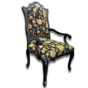 Used Traditional Guest Chair With Black Wood Frame & Gold Floral Upholstery Elegant guest chair featuring gold floral upholstery and a sleek black wood frame, perfect for adding a refined touch to any space. Upholstered in gold & black floral fabric Black finished wood frame with gold trim High backrest for added support Traditional style with decorative details Dimensions: 26"W x 23"D x 44"H Ideal for executive offices, waiting rooms, or guest seating areas