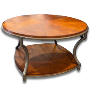 Used 37"W Round Cherry Coffee Table – Tan Metal Frame Functional round coffee table with a cherry-finish top and sturdy tan metal frame.  Cherry veneer Tan metal frame with stable base support Round design for casual spaces Dimensions: 37"W x 37"D x 22"H Perfect for waiting rooms, break areas, or lounge spaces.