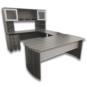 Used Safco Medina U-Shape Desk with Hutch, Modesty Panel & Mobile Box File Pedestal This Safco Medina U-shape desk provides expansive workspace and overhead storage with a clean, professional look. Includes a full modesty panel and mobile box-file pedestal to support efficient organization and workflow. Grey woodgrain laminated finish  U-shape configuration with hutch Full modesty panel on desk Mobile box-file pedestal for versatile storage Overhead hutch provides extra cabinet space Dimensions: Overall: 72"W x 103.1/2"D x 66"H Desk: 72"W x 36"D x 30"H Bridge: 48"W x 24"D x 30"H - (Grey laminated woodgrain finish with minor variation from standard tones.) Return: 72"W x 24"D x 30"H Hutch: 72"W x 15"D x 36"H Ideal for private offices and executive workspaces needing ample surface area and storage.
