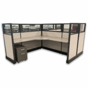 Used Herman Miller AO2 L-Shape 6×6 Workstations in Tan Fabric with Glass Panels & Mobile Pedestal Functional and timeless workstations featuring tan fabric panels, partial glass toppers, and a mobile pedestal for flexible storage. Perfect for optimizing space in high-density work environments. 6′ x 6′ footprint per seat Tan fabric panels with partial glass Includes (1) mobile pedestal per station Configurations: (1) pods of 8 (4) Pods of 2 (1) run of 3 (2) single stations Overall Dimensions: 6′W x 6′D x 53″H Corner worksurface: 48″ x 48″ x 24″D Return worksurface: 24″ x 24″ Panel: 53″H Ideal for collaborative offices, call centers, and scalable workspace layouts.