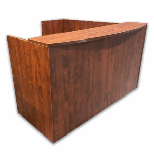 Used 71" W OTG L-Shape Reception Desk in American Dark Cherry with Pedestal – Left Handed Professional L-shape reception desk in a rich American Dark Cherry finish, featuring a raised transaction top and a Left-hand return with integrated storage for a polished and functional front-office setup. American Dark Cherry laminate Left-handed return Includes (1) box/box/file pedestal Dimensions: Desk: 71″W x 29″D x 42″H Return: 41″W x 24″D x 42″H Ideal for reception areas, lobbies, and front desk applications.