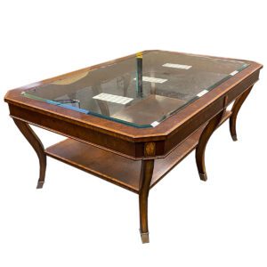 Large 59" W Rectangle Glass Coffee Table w/ Burl Wood Shelf