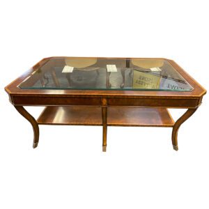 Gallery Maitland Smith Empire Style Large Banded Inlay Mahogany Glass Top Coffee Table