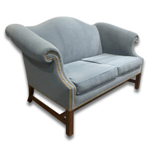 Used Blue Upholstered Traditional Two‑Seater Couch with Mahogany Frame 
