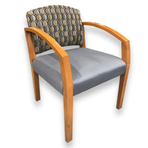 Used Oak Frame Guest Chair with Arms Patterned Back & Blue Vinyl Seat