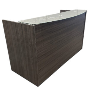 Used 71" W CorpDesign Grey Woodgrain Reception Desk with Frosted Glass Transaction Counter Professional reception desk with a grey woodgrain laminate finish and frosted glass transaction counter. Includes a locking box/box/file pedestal for organized storage. Grey woodgrain laminate with frosted glass transaction counter Includes (1) locking box/box/file pedestal Dimensions: 71"W x 36"D x 42"H Ideal for reception areas, lobbies, and client-facing workspaces.