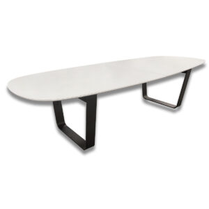 Used 10' W White Glass Oval Conference Table With Metal O-Leg Base Modern oval conference table featuring a white glass top with a sleek knife-edge design, supported by a sturdy metal O-leg base. Provides a professional meeting space with ample seating capacity for team discussions or client presentations. White glass oval top with knife-edge detail Metal O-leg base for stability and modern appeal Seats 8–10 people comfortably Professional design suited for executive or collaborative spaces Dimensions: 10′W x 4′D x 29″H Ideal for conference rooms, boardrooms, and collaborative meeting areas.